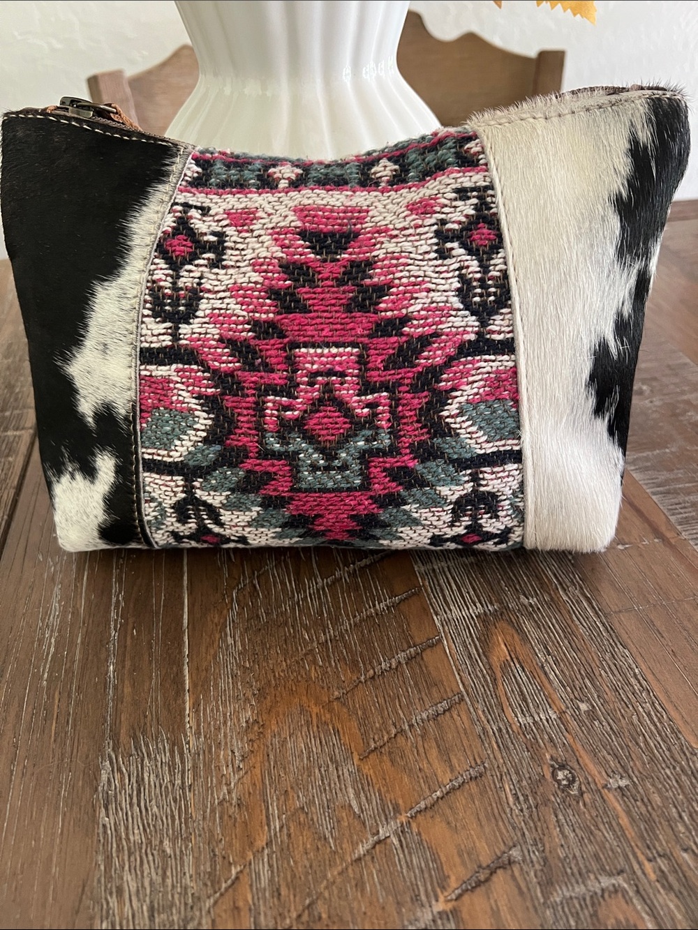 Myra Bag Handwoven Aztec Cosmetic Pouch in Pink, Teal & Black with Cowhide Trim